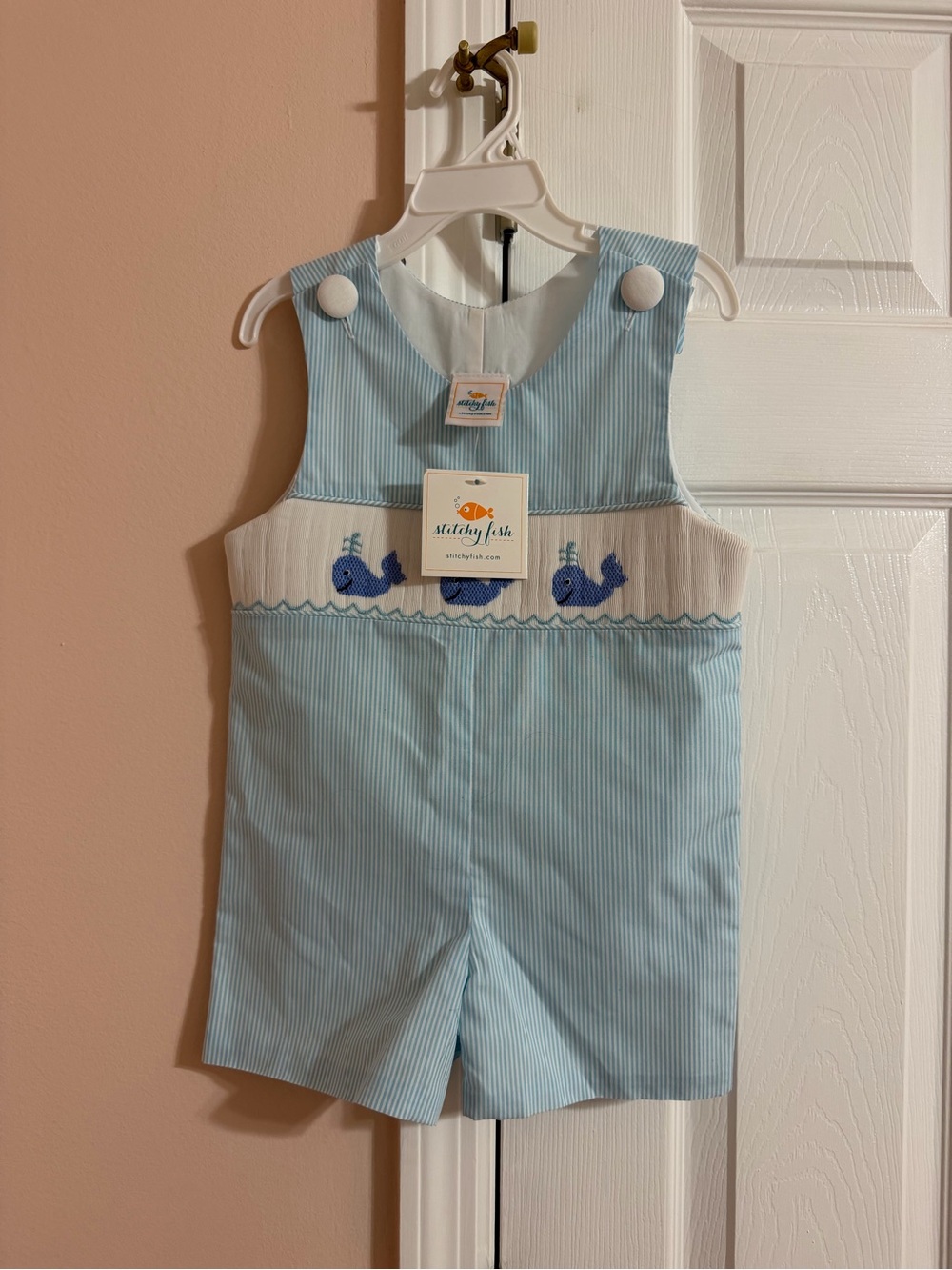 Stitchy Fish Light Blue Whale Smocked Boys Romper